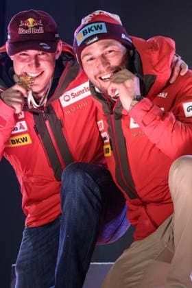 INVERNALI - Sci Alpino - FIS Alpine World Ski Championships - Men s Downhill FIS Alpine World Ski Championships Saalbach 2025 Men s Downhill - Medal Ceremony Gold Medal:von ALLMEN Franjo (SUI) Bronze Medal:MONNEY Alexis (SUI) Sunday 09 02 25 Saalbach Austria  Copyright: xIPAxSport ABACAx