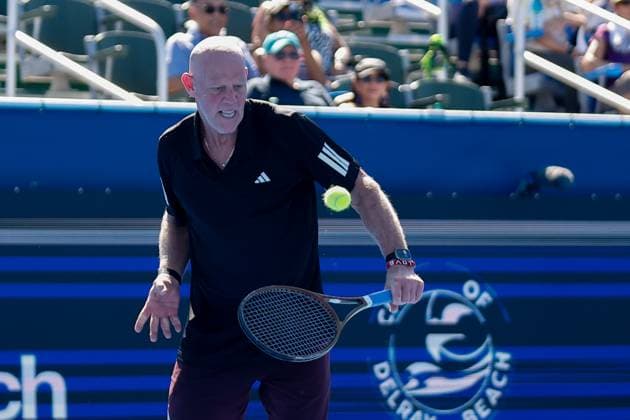DELRAY BEACH, FL - FEBRUARY 09: Murphy Jensen (USA) in action during the Legends Event match against Steve Johnson (USA) and Xavier Malisse (BEL) at the Delray Beach Open on Sunday February 9, 2025, at the Delray Beach Stadium & Tennis Center in Delray Beach, Florida.(Photo by Chris Arjoon Icon Sportswire) TENNIS: FEB 09 Delray Beach Open EDITORIAL USE ONLY Icon250209001116