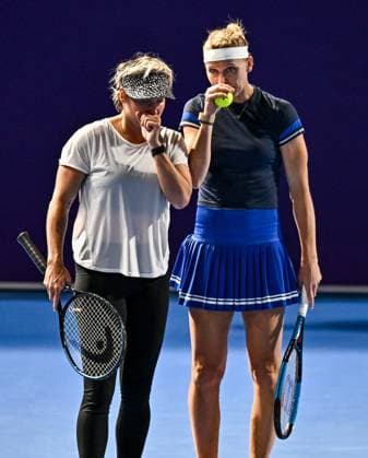 (250210) -- DOHA, Feb. 10, 2025 -- Bethanie Mattek-Sands (L) Lucie Safarova react during women s doubles round of 32 match between Xu Yifan Yang Zhaoxuan of China and Bethanie Mattek-Sands (the United States) Lucie Safarova (the Czech Republic) at the WTA, Tennis Damen Qatar Open tennis tournament in Doha, Qatar, on Feb. 9, 2025. (Photo by Xinhua) (SP)QATAR-DOHA-TENNIS-WTA-QATAR OPEN Nikku 