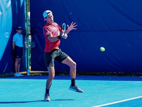 DELRAY BEACH, FL - FEBRUARY 09: James Trotter (JPN) in action during the Qualifying Final game against Taro Daniel (JPN) at the Delray Beach Open on Sunday February 9, 2025, at the Delray Beach Stadium & Tennis Center in Delray Beach, Florida.(Photo by Chris Arjoon Icon Sportswire) TENNIS: FEB 09 Delray Beach Open EDITORIAL USE ONLY Icon250209001131