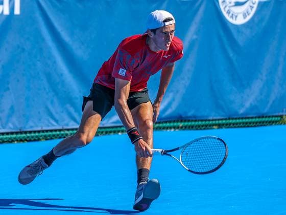 DELRAY BEACH, FL - FEBRUARY 09: James Trotter (JPN) in action during the Qualifying Final game against Taro Daniel (JPN) at the Delray Beach Open on Sunday February 9, 2025, at the Delray Beach Stadium & Tennis Center in Delray Beach, Florida.(Photo by Chris Arjoon Icon Sportswire) TENNIS: FEB 09 Delray Beach Open EDITORIAL USE ONLY Icon250209001135