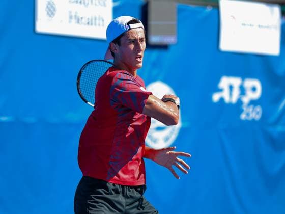 DELRAY BEACH, FL - FEBRUARY 09: James Trotter (JPN) in action during the Qualifying Final game against Taro Daniel (JPN) at the Delray Beach Open on Sunday February 9, 2025, at the Delray Beach Stadium & Tennis Center in Delray Beach, Florida.(Photo by Chris Arjoon Icon Sportswire) TENNIS: FEB 09 Delray Beach Open EDITORIAL USE ONLY Icon250209001138