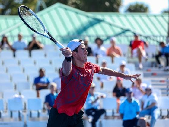 DELRAY BEACH, FL - FEBRUARY 09: James Trotter (JPN) in action during the Qualifying Final game against Taro Daniel (JPN) at the Delray Beach Open on Sunday February 9, 2025, at the Delray Beach Stadium & Tennis Center in Delray Beach, Florida.(Photo by Chris Arjoon Icon Sportswire) TENNIS: FEB 09 Delray Beach Open EDITORIAL USE ONLY Icon250209001139