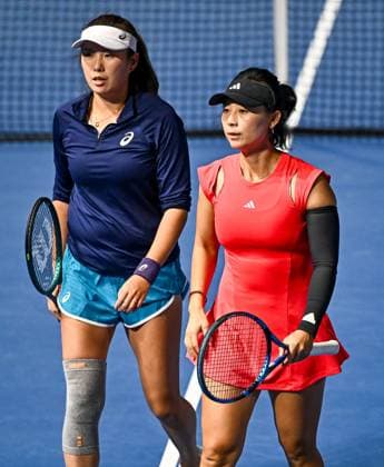 (250210) -- DOHA, Feb. 10, 2025 -- Xu Yifan (R) Yang Zhaoxuan react during women s doubles round of 32 match between Xu Yifan Yang Zhaoxuan of China and Bethanie Mattek-Sands (the United States) Lucie Safarova (the Czech Republic) at the WTA, Tennis Damen Qatar Open tennis tournament in Doha, Qatar, on Feb. 9, 2025. (Photo by Xinhua) (SP)QATAR-DOHA-TENNIS-WTA-QATAR OPEN Nikku 
