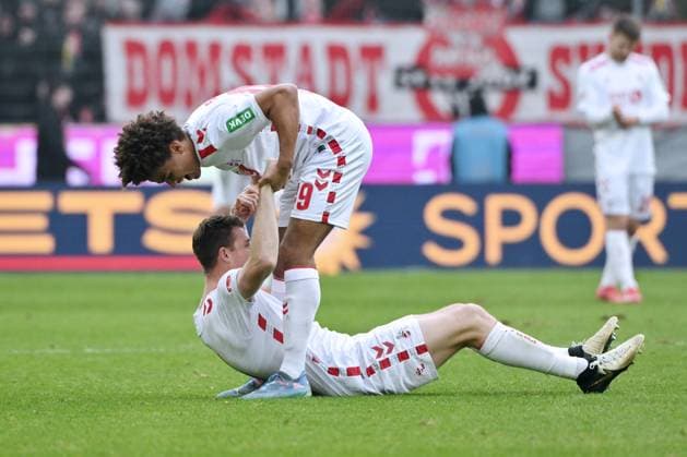 Cheering Neo Telle 1 FC Koeln , above and Dominique Heintz 1 FC Koeln after the final whistle 09 02 2025, Soccer 2 Bundesliga, Matchday 21, Season 2024 2025 1 FC Köln FC Schalke 04 1 0 Koeln Rhein Energie Stadion Nordrhein Westfalen Germany Team2