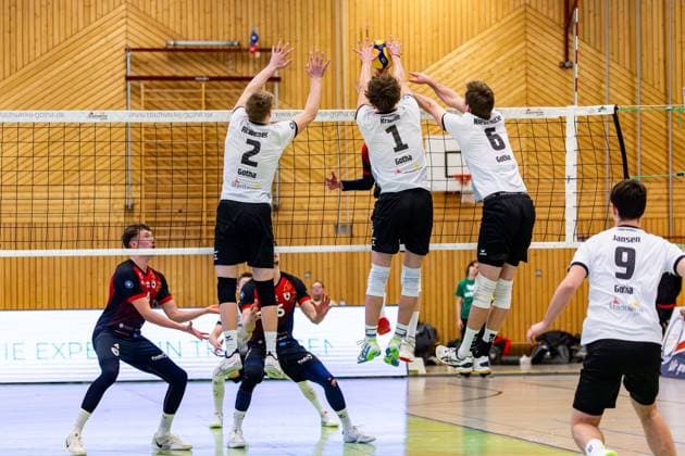09 02 2025, GER, Volleyball, 2 BL Maenner Sued, Saison 2024 2025, Blue Volleys Gotha Barock Volleys MTV Ludwigsburg Mykyta Shapovalov Barock Volleys MTV Ludwigsburg Richard Werner Blue Volleys Gotha Justus Krausse Blue Volleys Gotha Erik Niederluecke Blue Volleys Gotha 99867 Gotha Sporthalle Sportanlage Ernesti Thüringen Germany