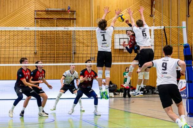 09 02 2025, GER, Volleyball, 2 BL Maenner Sued, Saison 2024 2025, Blue Volleys Gotha Barock Volleys MTV Ludwigsburg Mykyta Shapovalov Barock Volleys MTV Ludwigsburg Justus Krausse Blue Volleys Gotha Erik Niederluecke Blue Volleys Gotha 99867 Gotha Sporthalle Sportanlage Ernesti Thüringen Germany