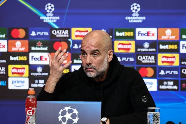 UEFA Champions League press conference, PK, Pressekonferenz Manchester City v Real Madrid Pep Guardiola manager of Manchester City speak to the press during the UEFA Champions League Press Conference Manchester City v Real Madrid at Etihad Stadium, Manchester, United Kingdom, 10th February 2025 (Photo by Mark Cosgrove News Images) Manchester Etihad Stadium Manchester United, ManU Kingdom Copyright: xMarkxCosgrove NewsxImagesx