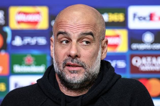 UEFA Champions League press conference, PK, Pressekonferenz Manchester City v Real Madrid Pep Guardiola manager of Manchester City speak to the press during the UEFA Champions League Press Conference Manchester City v Real Madrid at Etihad Stadium, Manchester, United Kingdom, 10th February 2025 (Photo by Mark Cosgrove News Images) Manchester Etihad Stadium Manchester United, ManU Kingdom Copyright: xMarkxCosgrove NewsxImagesx