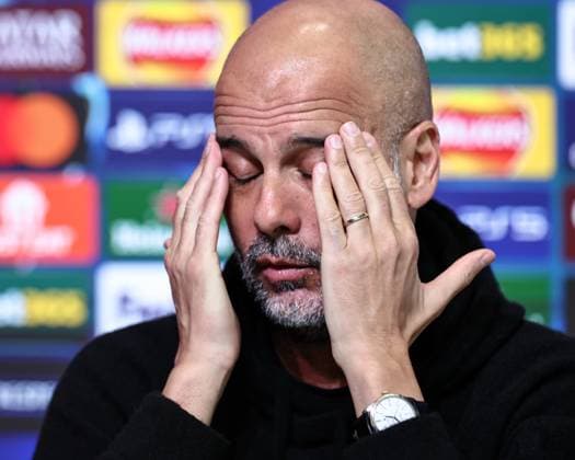 UEFA Champions League press conference, PK, Pressekonferenz Manchester City v Real Madrid Pep Guardiola manager of Manchester City speak to the press during the UEFA Champions League Press Conference Manchester City v Real Madrid at Etihad Stadium, Manchester, United Kingdom, 10th February 2025 (Photo by Mark Cosgrove News Images) Manchester Etihad Stadium Manchester United, ManU Kingdom Copyright: xMarkxCosgrove NewsxImagesx