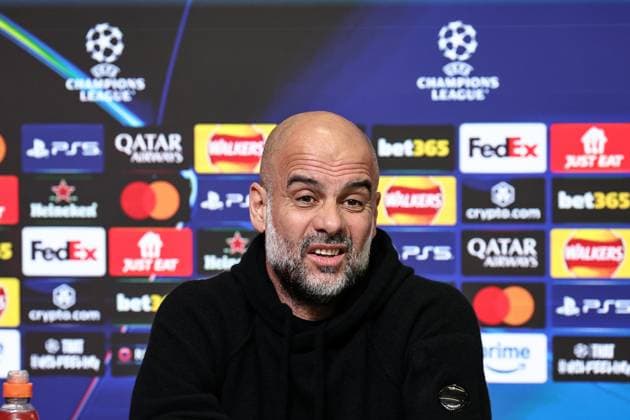 UEFA Champions League press conference, PK, Pressekonferenz Manchester City v Real Madrid Pep Guardiola manager of Manchester City speak to the press during the UEFA Champions League Press Conference Manchester City v Real Madrid at Etihad Stadium, Manchester, United Kingdom, 10th February 2025 (Photo by Mark Cosgrove News Images) Manchester Etihad Stadium Manchester United, ManU Kingdom Copyright: xMarkxCosgrove NewsxImagesx