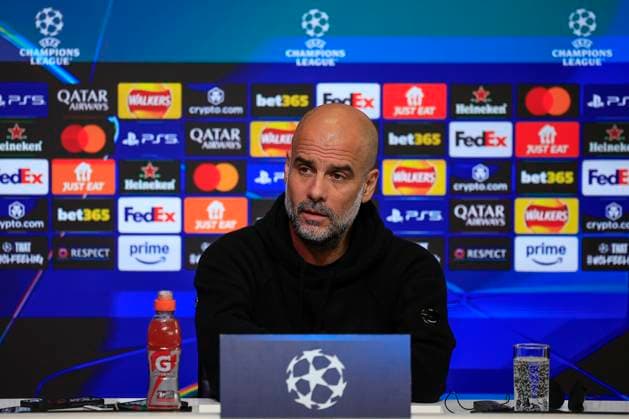 Manchester City 10 02 2025. press conference, PK, Pressekonferenz Pep Guardiola the Manchester City manager during the press conference ahead of Manchester City vs Real Madrid in the Champions League, at the Etihad Stadium, Manchester, England on 10 February 2025. Manchester Etihad Stadium Manchester England Editorial use only , Copyright: xConorxMolloyx PSI-21433-0010