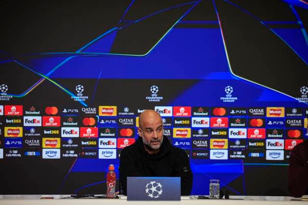 Manchester City 10 02 2025. press conference, PK, Pressekonferenz Pep Guardiola the Manchester City manager during the press conference ahead of Manchester City vs Real Madrid in the Champions League, at the Etihad Stadium, Manchester, England on 10 February 2025. Manchester Etihad Stadium Manchester England Editorial use only , Copyright: xConorxMolloyx PSI-21433-0024