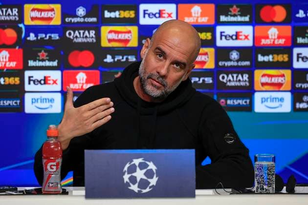 Manchester City 10 02 2025. press conference, PK, Pressekonferenz Pep Guardiola the Manchester City manager during the press conference ahead of Manchester City vs Real Madrid in the Champions League, at the Etihad Stadium, Manchester, England on 10 February 2025. Manchester Etihad Stadium Manchester England Editorial use only , Copyright: xConorxMolloyx PSI-21433-0034