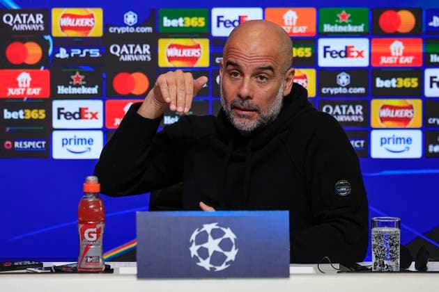 Manchester City 10 02 2025. press conference, PK, Pressekonferenz Pep Guardiola the Manchester City manager during the press conference ahead of Manchester City vs Real Madrid in the Champions League, at the Etihad Stadium, Manchester, England on 10 February 2025. Manchester Etihad Stadium Manchester England Editorial use only , Copyright: xConorxMolloyx PSI-21433-0039