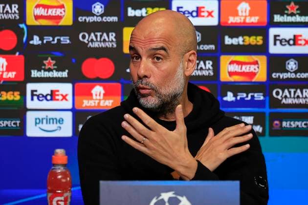 Manchester City 10 02 2025. press conference, PK, Pressekonferenz Pep Guardiola the Manchester City manager during the press conference ahead of Manchester City vs Real Madrid in the Champions League, at the Etihad Stadium, Manchester, England on 10 February 2025. Manchester Etihad Stadium Manchester England Editorial use only , Copyright: xConorxMolloyx PSI-21433-0047
