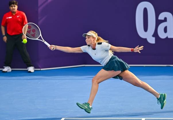 WTA, Tennis Damen QATAR OPEN TENNIS TOURNAMENT ROUND OF 64 Donna Vekic of Croatia competes in her round of 64 match against Linda Noskova of Czech Republic during the WTA Qatar TotalEnergies Open 2025 tennis tournament at the Khalifa International Tennis Complex in Doha, Qatar, on February 10, 2025. Copyright: xNOUSHADx