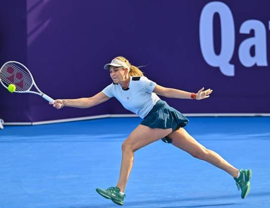 WTA, Tennis Damen QATAR OPEN TENNIS TOURNAMENT ROUND OF 64 Donna Vekic of Croatia competes in her round of 64 match against Linda Noskova of Czech Republic during the WTA Qatar TotalEnergies Open 2025 tennis tournament at the Khalifa International Tennis Complex in Doha, Qatar, on February 10, 2025. Copyright: xNOUSHADx