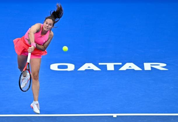 WTA, Tennis Damen QATAR OPEN TENNIS TOURNAMENT ROUND OF 64 Daria Kasatkina competes in her round of 64 match against Polina Kudermetova ahead of the WTA Qatar TotalEnergies Open 2025 tennis tournament at the Khalifa International Tennis Complex in Doha, Qatar, on February 10, 2025. Copyright: xNOUSHADx