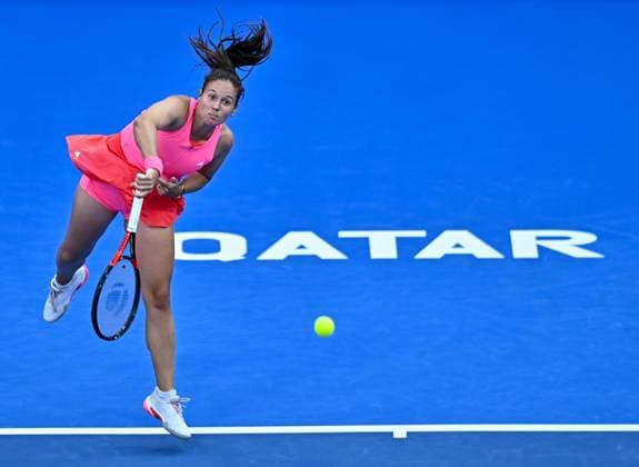 WTA, Tennis Damen QATAR OPEN TENNIS TOURNAMENT ROUND OF 64 Daria Kasatkina competes in her round of 64 match against Polina Kudermetova ahead of the WTA Qatar TotalEnergies Open 2025 tennis tournament at the Khalifa International Tennis Complex in Doha, Qatar, on February 10, 2025. Copyright: xNOUSHADx