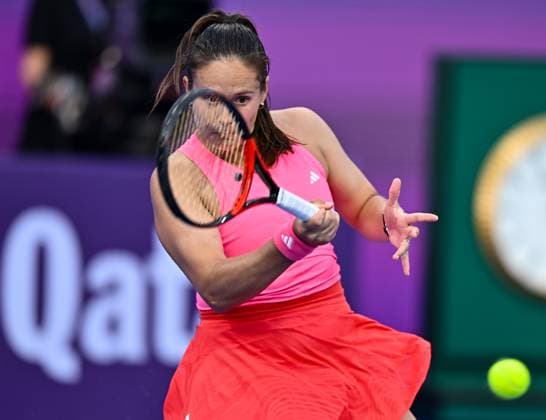 WTA, Tennis Damen QATAR OPEN TENNIS TOURNAMENT ROUND OF 64 Daria Kasatkina competes in her round of 64 match against Polina Kudermetova ahead of the WTA Qatar TotalEnergies Open 2025 tennis tournament at the Khalifa International Tennis Complex in Doha, Qatar, on February 10, 2025. Copyright: xNOUSHADx