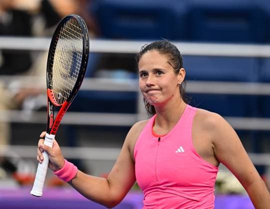 WTA, Tennis Damen QATAR OPEN TENNIS TOURNAMENT ROUND OF 64 Daria Kasatkina celebrates after winning in her round of 64 match against Polina Kudermetova ahead of the WTA Qatar TotalEnergies Open 2025 tennis tournament at the Khalifa International Tennis Complex in Doha, Qatar, on February 10, 2025. Copyright: xNOUSHADx