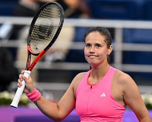 WTA, Tennis Damen QATAR OPEN TENNIS TOURNAMENT ROUND OF 64 Daria Kasatkina celebrates after winning in her round of 64 match against Polina Kudermetova ahead of the WTA Qatar TotalEnergies Open 2025 tennis tournament at the Khalifa International Tennis Complex in Doha, Qatar, on February 10, 2025. Copyright: xNOUSHADx