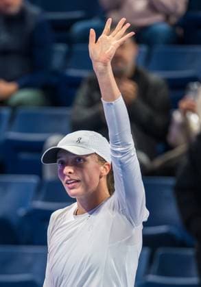 WTA, Tennis Damen QATAR OPEN TENNIS TOURNAMENT ROUND OF 64 Iga Swiatek of Poland celebrates after winning in her round of 32 match against Maria Sakkari of Greece during the WTA Qatar TotalEnergies Open 2025 tennis tournament at the Khalifa International Tennis Complex in Doha, Qatar, on February 10, 2025. Copyright: xNOUSHADx