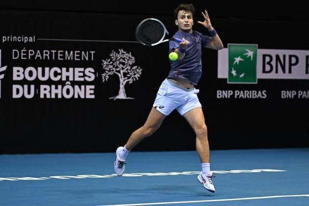 Open 13 Provence - Marseille Clement Chidekh (FRA) during his last qualifying round match at the Open 13 Provence in Marseille, France, on February 10, 2025. Photo by Corinne Dubreuil ABACAPRESS.COM Marseille France  Copyright: xDubreuilxCorinne ABACAx