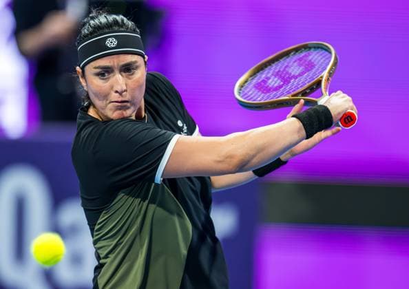 WTA, Tennis Damen QATAR OPEN TENNIS TOURNAMENT ROUND OF 64 Ons Jabeur of Tunisia competes in her round of 64 match against McCartney Kessler of the United States during the WTA Qatar TotalEnergies Open 2025 tennis tournament at the Khalifa International Tennis Complex in Doha, Qatar, on February 10, 2025. Copyright: xNOUSHADx