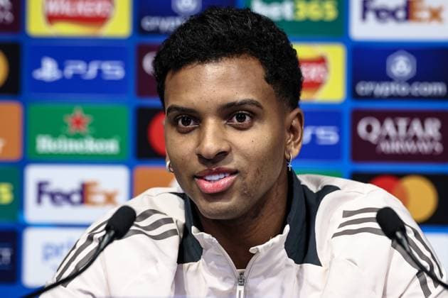 UEFA Champions League press conference, PK, Pressekonferenz Manchester City v Real Madrid Rodrygo of Real Madrid speaks to the press during the UEFA Champions League Press Conference Manchester City v Real Madrid at Etihad Stadium, Manchester, United Kingdom, 10th February 2025 (Photo by Mark Cosgrove News Images) Manchester Etihad Stadium Manchester United, ManU Kingdom Copyright: xMarkxCosgrove NewsxImagesx