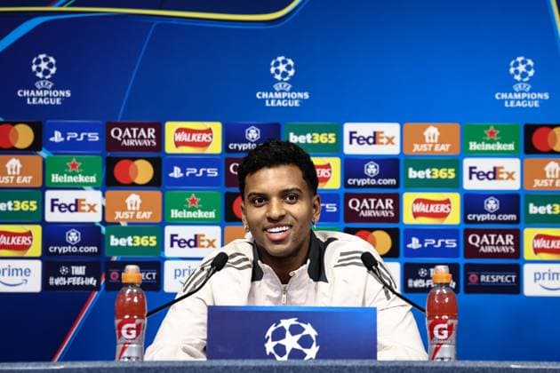 UEFA Champions League press conference, PK, Pressekonferenz Manchester City v Real Madrid Rodrygo of Real Madrid speaks to the press during the UEFA Champions League Press Conference Manchester City v Real Madrid at Etihad Stadium, Manchester, United Kingdom, 10th February 2025 (Photo by Mark Cosgrove News Images) Manchester Etihad Stadium Manchester United, ManU Kingdom Copyright: xMarkxCosgrove NewsxImagesx