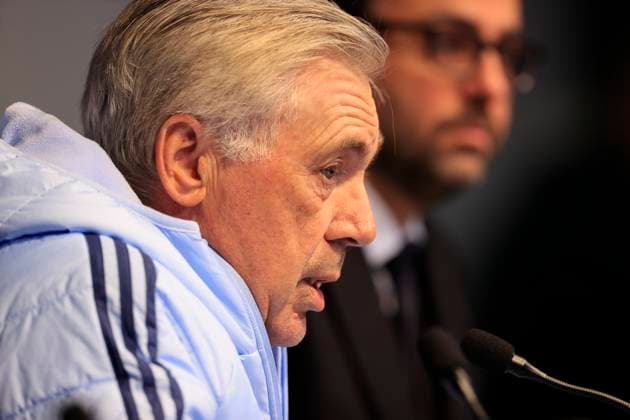 Real Madrid 10 02 2025. press conference, PK, Pressekonferenz Carlo Ancelotti the Real Madrid manager during the press conference ahead of Manchester City vs Real Madrid in the Champions League, at the Etihad Stadium, Manchester, England on 10 February 2025. Manchester Etihad Stadium Manchester England Editorial use only , Copyright: xConorxMolloyx PSI-21433-0092