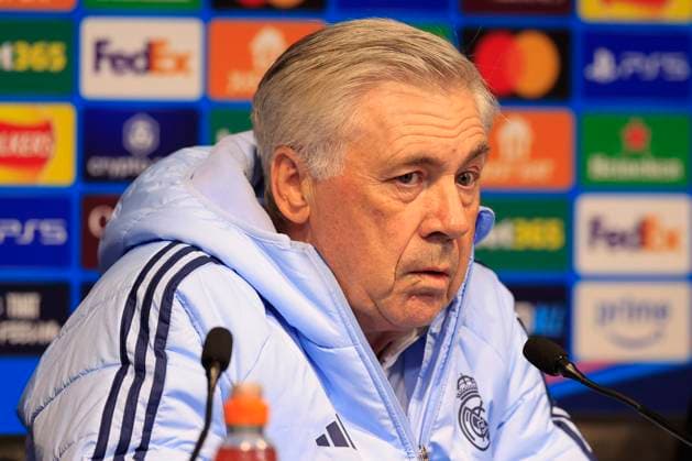 Real Madrid 10 02 2025. press conference, PK, Pressekonferenz Carlo Ancelotti the Real Madrid manager during the press conference ahead of Manchester City vs Real Madrid in the Champions League, at the Etihad Stadium, Manchester, England on 10 February 2025. Manchester Etihad Stadium Manchester England Editorial use only , Copyright: xConorxMolloyx PSI-21433-0093