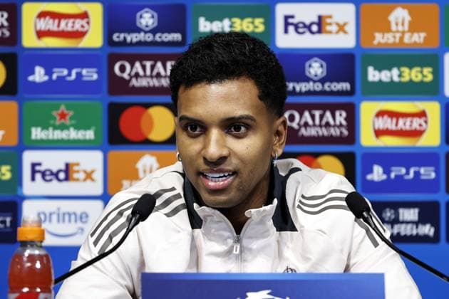 10th February 2025, Etihad Stadium, Manchester, England; press conference, PK, Pressekonferenz ahead of the UEFA Champions League play off match against Real Madrid in Manchester, England. Rodrygo of Real Madrid talks to the media at the Etihad Stadium ahead of tomorrow s Champions League play-off first leg against Manchester City  ActionPlus12749686 AlanxMartin