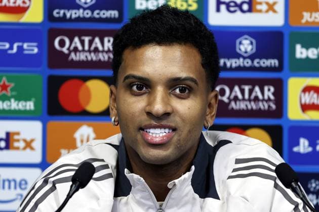 10th February 2025, Etihad Stadium, Manchester, England; press conference, PK, Pressekonferenz ahead of the UEFA Champions League play off match against Real Madrid in Manchester, England. Rodrygo of Real Madrid talks to the media at the Etihad Stadium ahead of tomorrow s Champions League play-off first leg against Manchester City  ActionPlus12749691 AlanxMartin
