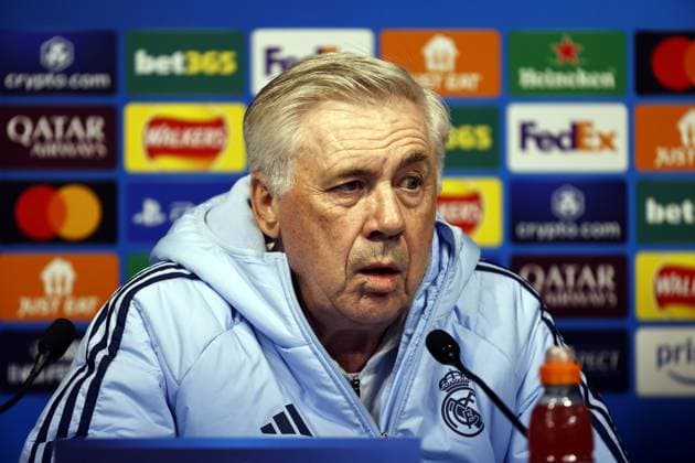 10th February 2025, Etihad Stadium, Manchester, England; press conference, PK, Pressekonferenz ahead of the UEFA Champions League play off match against Real Madrid in Manchester, England. Real Madrid coach Carlo Ancelotti talks to the media at the Etihad Stadium ahead of tomorrow s Champions League play-off first leg against Manchester City  ActionPlus12749692 AlanxMartin