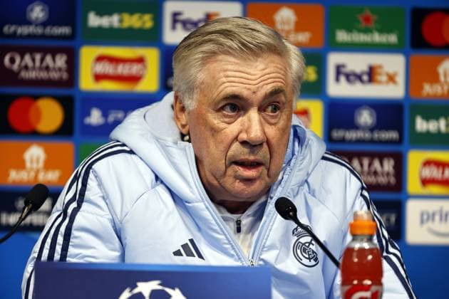 10th February 2025, Etihad Stadium, Manchester, England; press conference, PK, Pressekonferenz ahead of the UEFA Champions League play off match against Real Madrid in Manchester, England. Real Madrid coach Carlo Ancelotti talks to the media at the Etihad Stadium ahead of tomorrow s Champions League play-off first leg against Manchester City  ActionPlus12749694 AlanxMartin