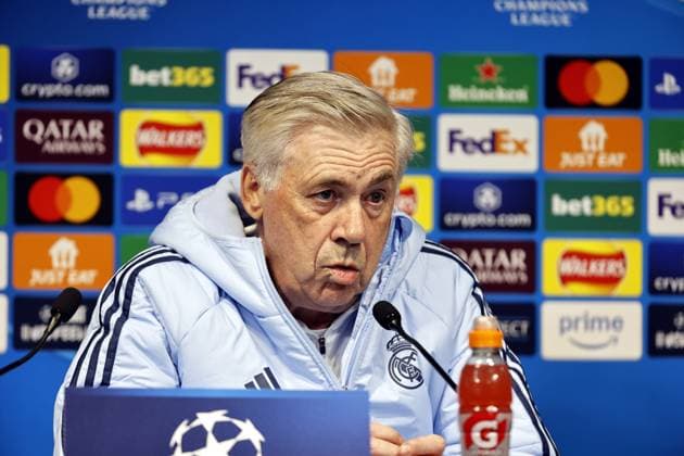 10th February 2025, Etihad Stadium, Manchester, England; press conference, PK, Pressekonferenz ahead of the UEFA Champions League play off match against Real Madrid in Manchester, England. Real Madrid coach Carlo Ancelotti talks to the media at the Etihad Stadium ahead of tomorrow s Champions League play-off first leg against Manchester City  ActionPlus12749696 AlanxMartin