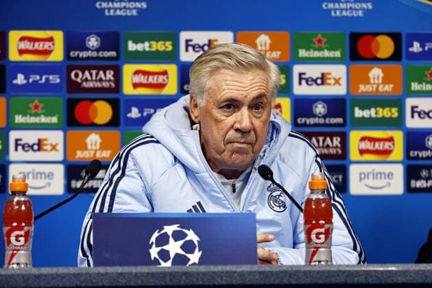 10th February 2025, Etihad Stadium, Manchester, England; press conference, PK, Pressekonferenz ahead of the UEFA Champions League play off match against Real Madrid in Manchester, England. Real Madrid coach Carlo Ancelotti talks to the media at the Etihad Stadium ahead of tomorrow s Champions League play-off first leg against Manchester City  ActionPlus12749698 AlanxMartin