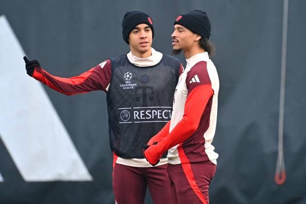 from left Jamal MUSIALA Bayern Muenchen , Leroy SANE Bayern Muenchen , final training, training soccer Champions League final training before the play off match Celtic FC FC Bayern Muenchen on 11 02 2025 in Munich,