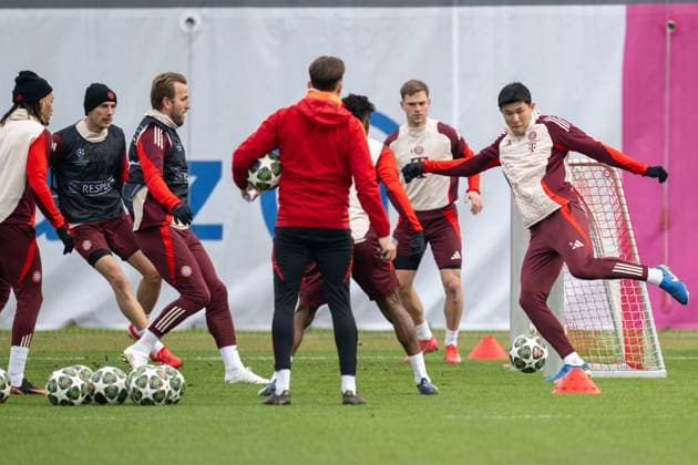 v r Minjae Kim 3 FC Bayern Muenchen , Joshua Kimmich 6 FC Bayern Muenchen , Harry Kane 9 FC Bayern Muenchen , Leon Goretzka 8 FC Bayern Muenchen , Sacha Boey 23 FC Bayern Muenchen , final training session before the UEFA Champions League match against Celtic Glasgow, 2024 2025 season at Saebener Strasse 11 02 2025 DFB regulations prohibit any use of photographs as image sequences and or quasi video Muenchen Bayern Germany Copyright: xkolbert-press UlrichxGamelx