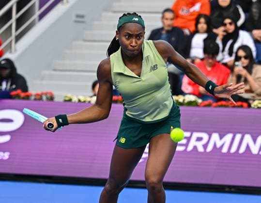 WTA, Tennis Damen QATAR OPEN TENNIS TOURNAMENT ROUND OF 32 Coco Gauff of the United States competes in her round of 32 match against Marta Kostyuk of Ukrain during the WTA Qatar TotalEnergies Open 2025 tennis tournament at the Khalifa International Tennis Complex in Doha, Qatar, on February 11, 2025. Copyright: xNOUSHADx
