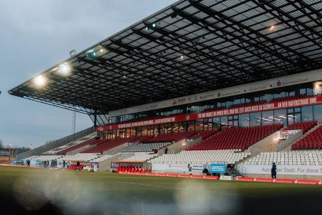 11 02 25, Women, Soccer, 1 BL, Season 2024 2025, SGS Essen 1 FC Köln, 13 Matchday Totale Stadion an der Hafenstrasse Inside, Empty stands at dusk Essen Stadion an der Hafenstrasse NRW Germany