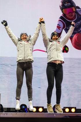 ALPINE SKIING - FIS Ski WC Saalbach 2025 SAALBACH,AUSTRIA,11.FEB.25 - ALPINE SKIING - FIS Alpine World Ski Championships Saalbach 2025, team combined, ladies, medal plaza, award ceremony. Image shows the rejoicing of Katharina Truppe and Stephanie Venier (AUT).  GEPAxpictures xHaraldxSteiner