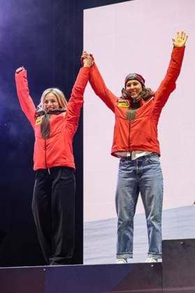 ALPINE SKIING - FIS Ski WC Saalbach 2025 SAALBACH,AUSTRIA,11.FEB.25 - ALPINE SKIING - FIS Alpine World Ski Championships Saalbach 2025, team combined, ladies, medal plaza, award ceremony. Image shows Lara Gut-Behrami and Wendy Holdener (SUI).  GEPAxpictures xHaraldxSteiner