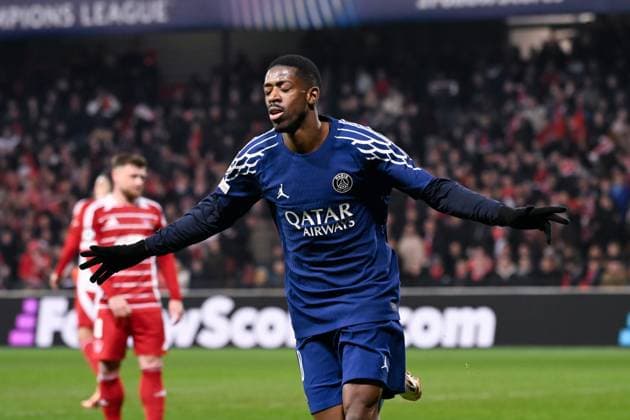 FOOTBALL : Brest vs PSG - Ligue des Champions - 11 02 2025 Ousmane DEMBELE ( 10 - PSG ) celebrates after scoring during the UEFA Champions League match between Stade Brestois 29 and Paris Saint Germain at Stade de Roudourou on February 11, 2025 in Guingamp, France. ( Photo by Dante Badano PsnewZ ) - GuingampFrance  Copyright: xDantexBadanox