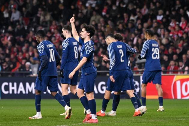FOOTBALL : Brest vs PSG - Ligue des Champions - 11 02 2025 Vitinha Vitor Machado ( 17 - PSG ) celebrates after scoring during the UEFA Champions League match between Stade Brestois 29 and Paris Saint Germain at Stade de Roudourou on February 11, 2025 in Guingamp, France. ( Photo by Dante Badano PsnewZ ) - GuingampFrance  Copyright: xDantexBadanox