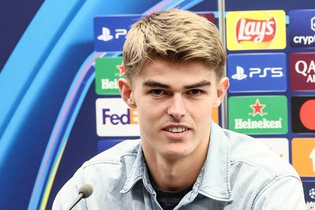 Atalanta s Charles De Ketelaere pictured during a press conference, PK, Pressekonferenz of Italian club Atalanta Bergamo, on Tuesday 11 February 2025 in Brugge. The team is preparing for tomorrow s game against Belgian soccer team Club Brugge KV, the first leg of the Knockout phase play-offs of the UEFA Conference League competition. BRUNOxFAHY  x112234536x