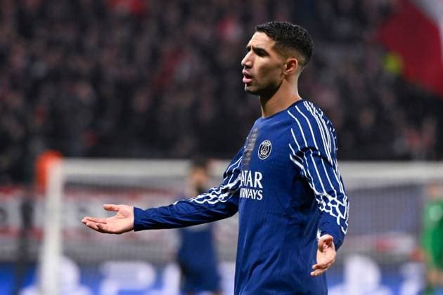 FOOTBALL : Brest vs PSG - Ligue des Champions - 11 02 2025 Achraf Hakimi ( 2 - PSG ) reacts during the UEFA Champions League match between Stade Brestois 29 and Paris Saint Germain at Stade de Roudourou on February 11, 2025 in Guingamp, France. ( Photo by Dante Badano PsnewZ ) - GuingampFrance  Copyright: xDantexBadanox